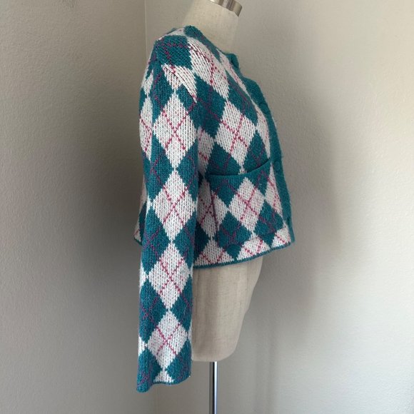 Zara Argyle Knit Jacquard Sweater Cardigan Round Neck Blue Color Sz S - Picture 3 of 8
